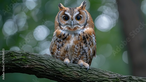 An owl perched on a tree branch, gazing at the camera in nature