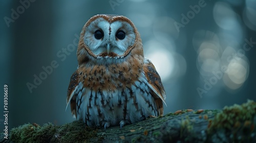 A screech owl perched on a tree branch in the woods