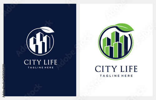 Green City Building logo design. Symbol icon of residential, apartment and city landscape.