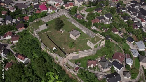 Flying over the fortress Jajce in Bosnia and Herzegovina photo