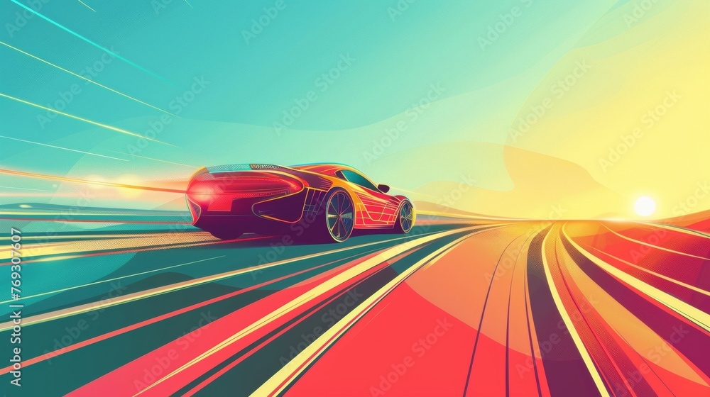 An illustration of a solarpowered car zooming down the road with the suns rays powering its engine. . .