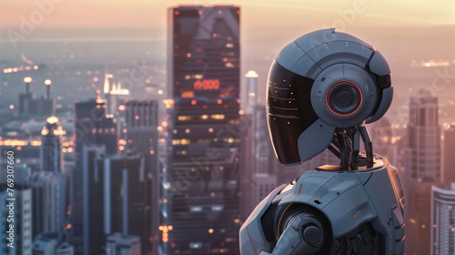 Business executive AI robotic over city skyline view, thoughtful
