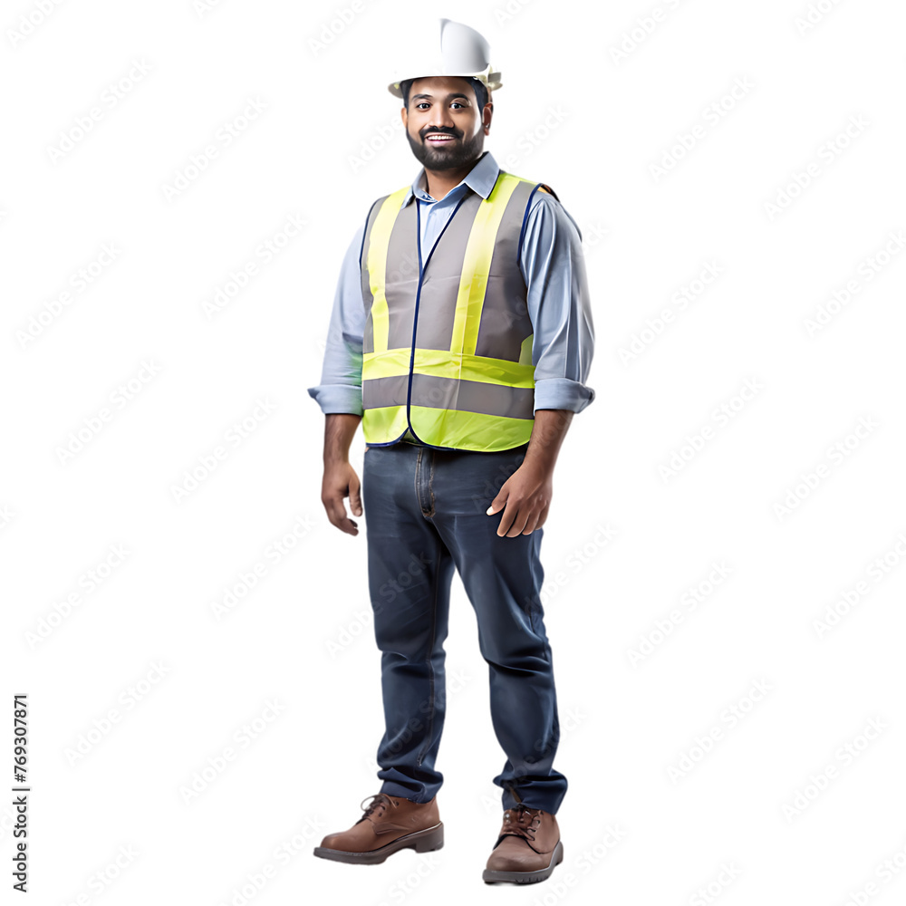 the builder in a construction vest and orange helmet standing the builder in a construction vest and orange helmet standing