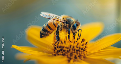 Close-up of a honeybee pollinating a vibrant yellow flower © Mr. Stocker