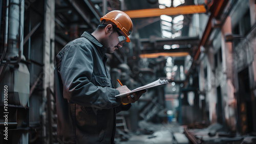 A man wearing a hard hat and safety glasses is writing on a clipboard. He is in a large industrial building, possibly a factory or a warehouse. The clipboard appears to be a safety checklist