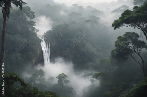 photograph of a realistic jungle fog. waterfall in the middle. Misty pine tree forest, cinematic scene view