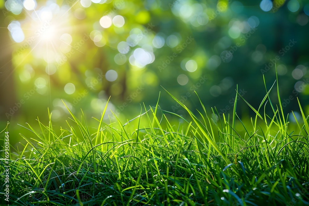 Beautiful natural background image of young lush green grass in the bright sunlight of a summer spring morning close up