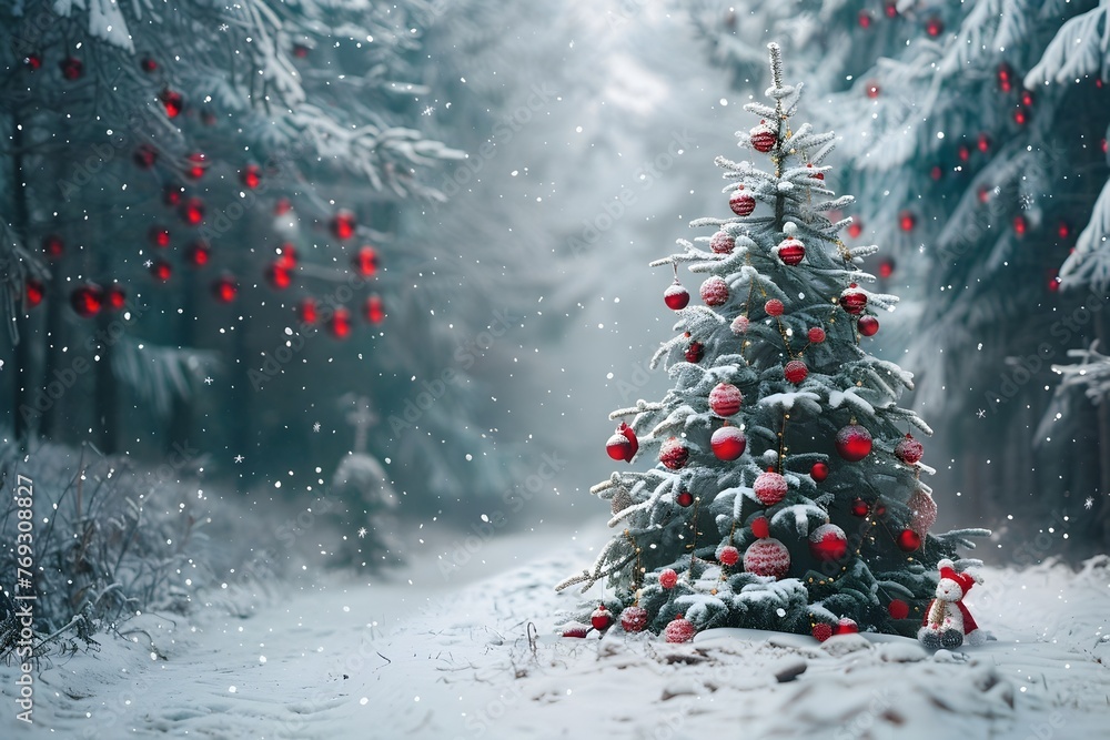 Magical Snowy Christmas Tree in Enchanting Winter Forest Landscape