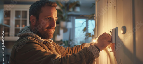 Professional man installing light switch during post-home renovation