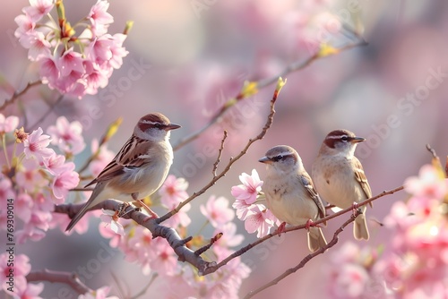 Delicate Spring Blossoms and Perched Songbirds in Serene Natural Scenery