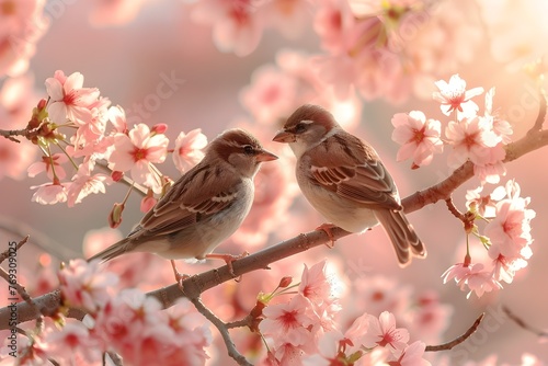 Vibrant Springtime Blooms and Delicate Birds Adorning a Serene Natural Landscape