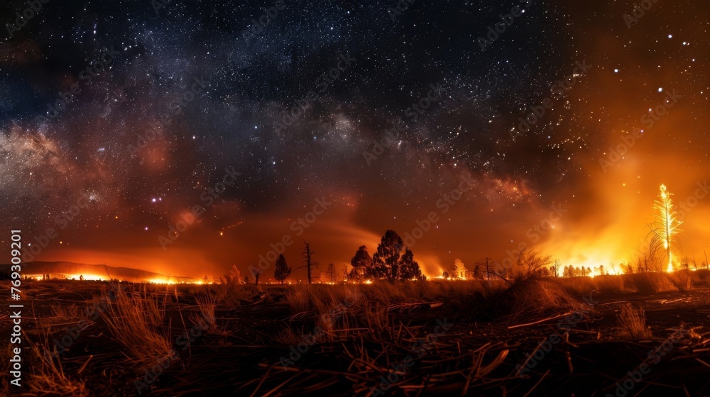 The striking contrast between the blazing fire and the dark starry sky serves as a reminder of how quickly natural landscapes can be destroyed. The flames seem to consume - obrazy, fototapety, plakaty 