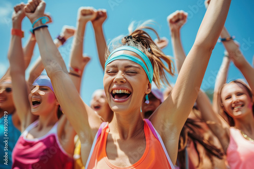 Joyful woman with raised arms celebrating at an outdoor fitness event