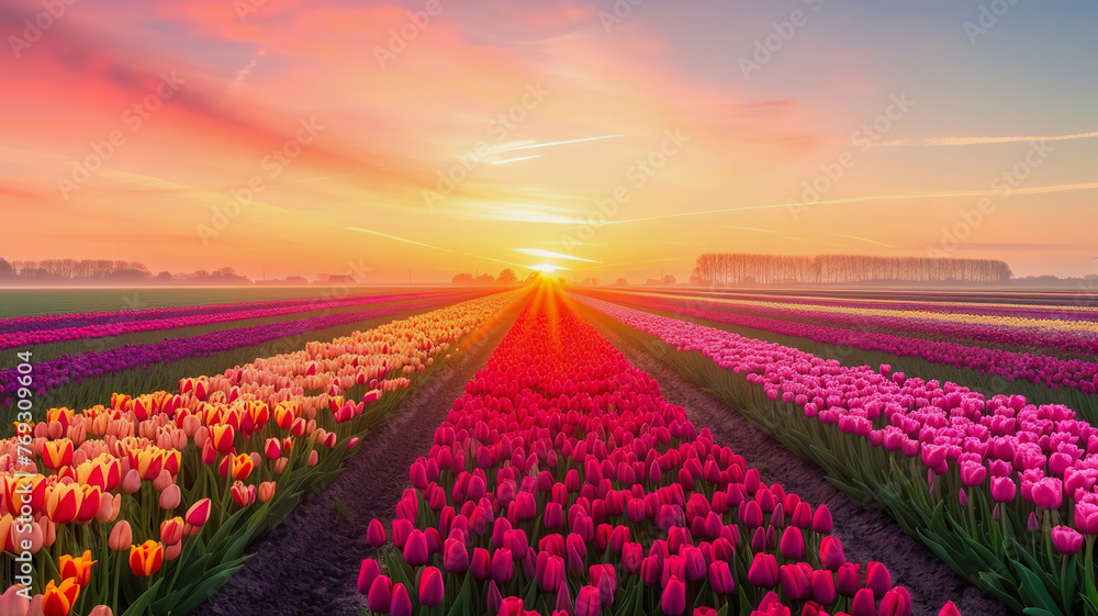 Colorful field of tulips in bloom, sunrise, Holland landscape