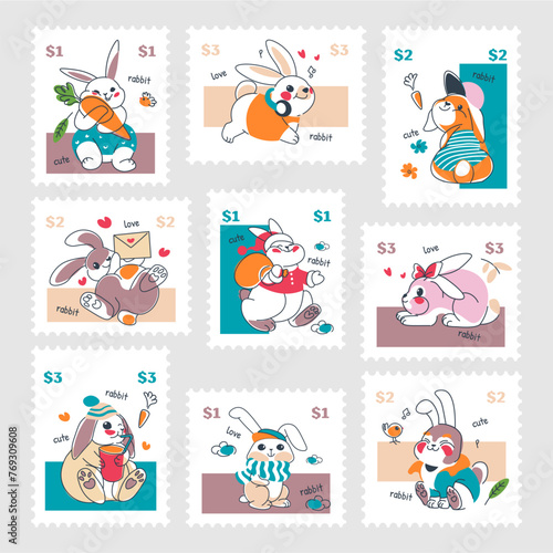Colorful post mark design set with cute bunny