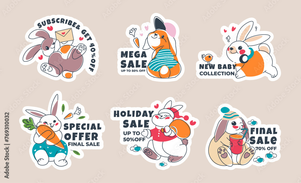 Sticker design set with cute rabbit, special offer