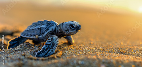 Baby sea turtle making its way to the ocean at sunrise