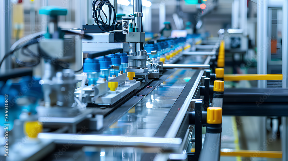 A factory line is filled with blue and yellow bottles. The bottles are being made in a large industrial setting