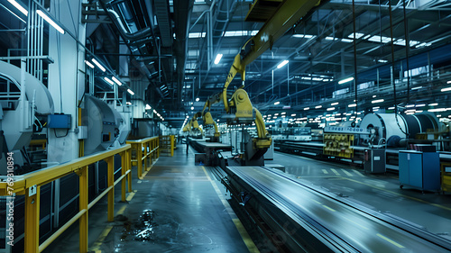 A factory floor with a lot of machinery and a person walking in the middle. Scene is industrial and busy