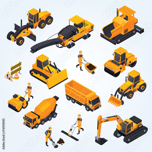 isolated road construction isometric icon set with different yellow bulldozers cars machines vector