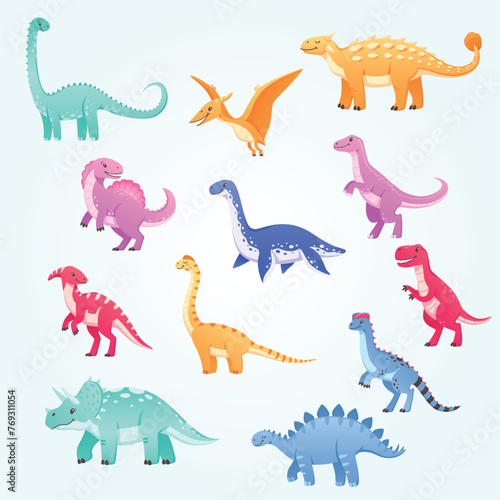 Fototapeta Naklejka Na Ścianę i Meble -  dinosaurs cartoon set with isolated icons doodle characters dinos different breed colour vector illustration