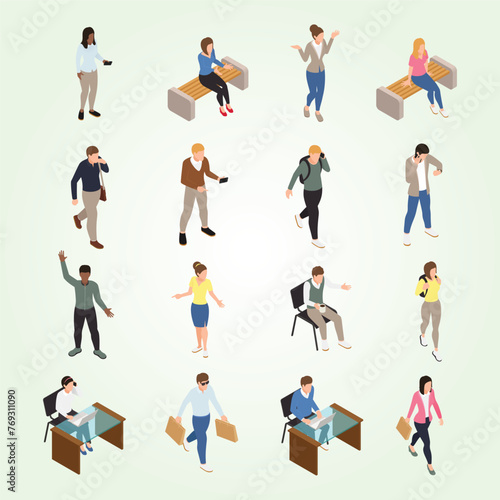casual city people isometric icons set with work free time symbols isolated illustration