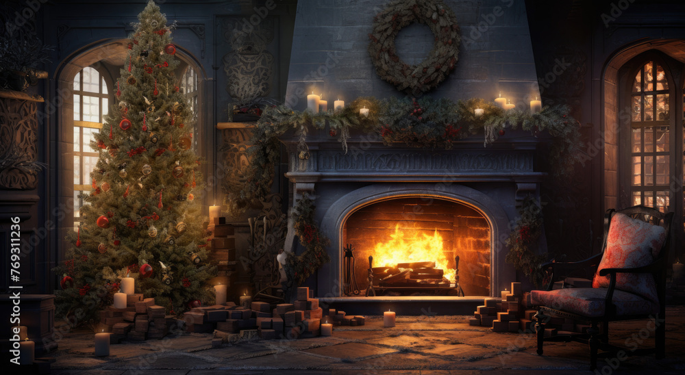 Christmas living room. Christmas room with fireplace, an armchair and a Christmas tree with gifts. Christmas tree decorated by lights, candles and garland lighting indoors fireplace. Christmas living room. Christmas room with fireplace, an armchair and a Christmas tree with gifts. Christmas tree decorated by lights, candles and garland lighting indoors fireplace.
