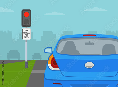 Safe driving on highways and expressways. Close-up of back view of a sedan car stopped at ramp meter. Traffic signal and "One vehicle per green" warning sign. Flat vector illustration template.