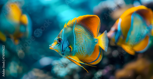 Tropical fish with yellow and blue stripes in clear ocean water