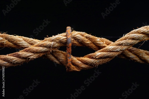 Frayed rope under tension on a dark background symbolizing stress
