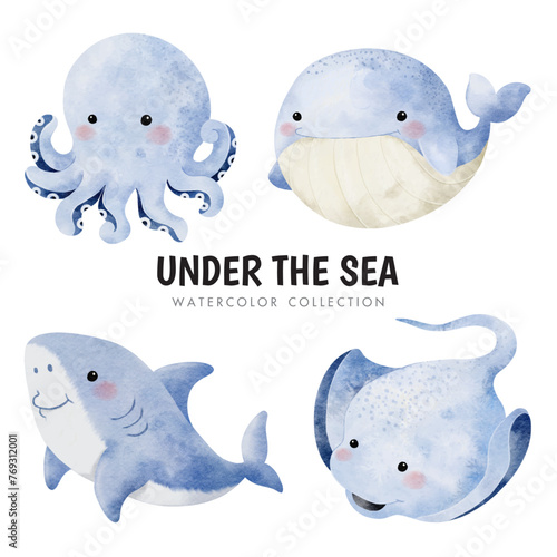 Vector cartoon watercolor set of sea animals with Whale, Octopus, Shark, and Stingray for Baby Boy Nursery Decor