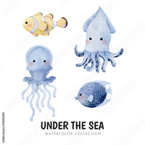 Vector cartoon watercolor set of sea animals with Jellyfish, Squid, and Sea fishes for Baby Boy Nursery Decor