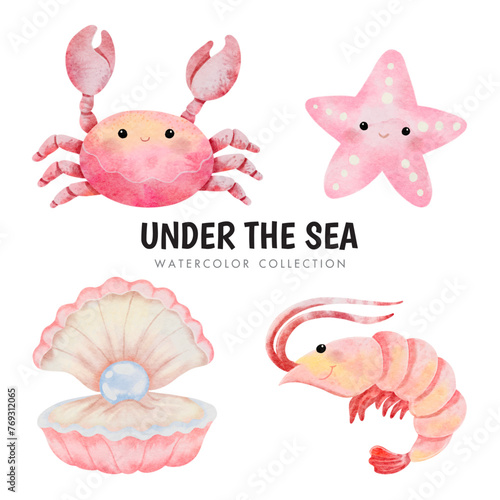 Vector cartoon watercolor set of sea animals with Crab, Sea shrimp, Starfish, and Mother of pearl for Baby Girl Nursery Decor