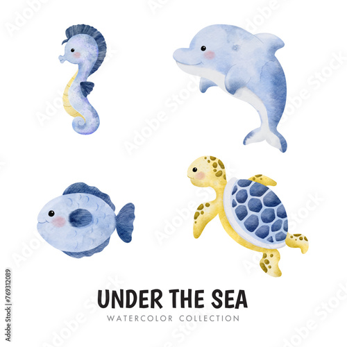 Vector cartoon watercolor set of sea animals with Sea ​​horse, Sea fish, Dolphin, and Sea ​​turtle for Baby Boy Nursery Decor
