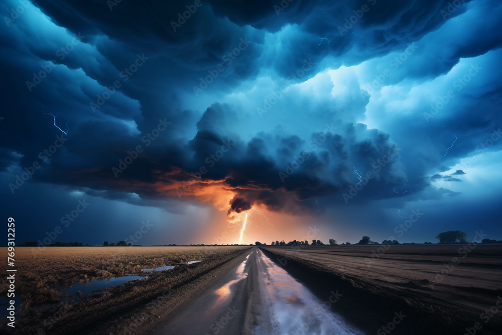 Dramatic lightning strikes illuminate the dark storm clouds as rain falls on a lonely highway at night.