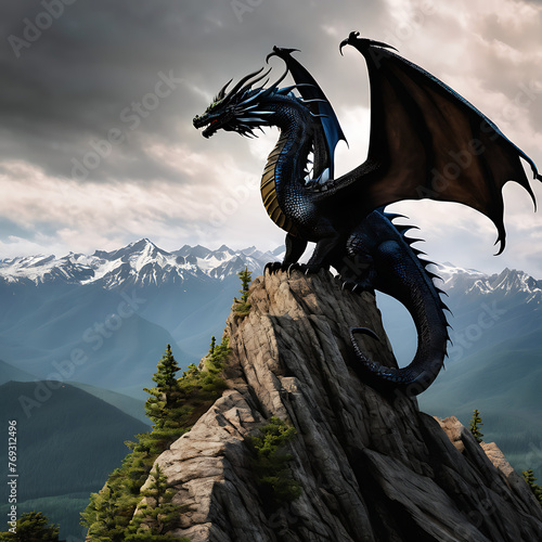 A majestic dragon perched on a rugged mountain peak, its wings spread wide against the sky. © @studio472