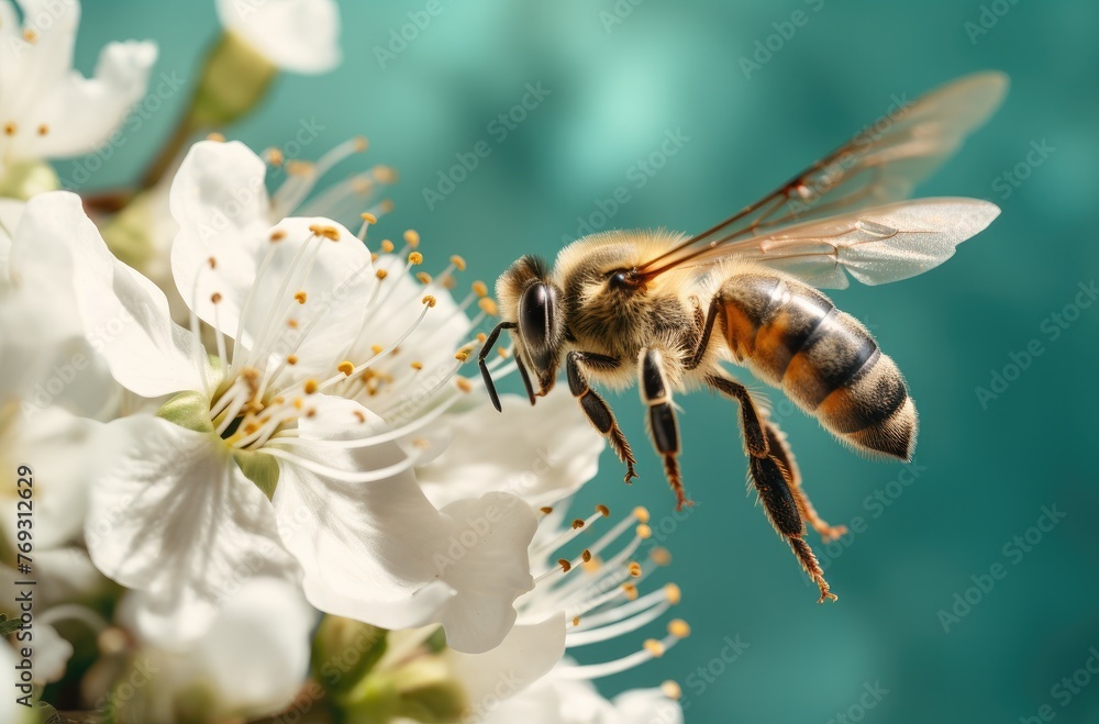 close-up shot of an ancient honey bee flying towards white flowers. close-up shot of an ancient honey bee flying towards white flowers.