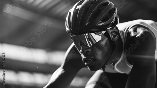The focused eyes of a cyclist as they maneuver through the stadium.