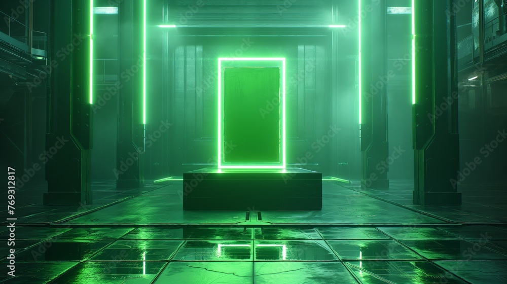 A futuristic neon green pedestal in a museum showcase with a cyberpunk industrial background.