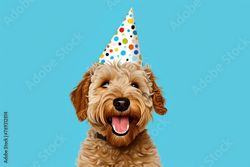 Happy goldendoodle wearing party hat with confetti on a blue background in a minimalistic style.