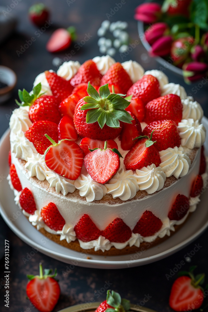 Strawberry cake has a strawberry in the middle of the cake and the dish is decorated using whipped cream. Strawberry cake has a strawberry in the middle of the cake and the dish is decorated using whipped cream.
