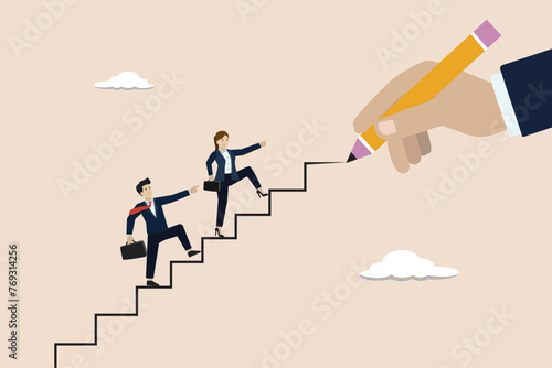Business coaching to improve employee skills, performance and leadership, guidance for success concept, employees walk up stair created by coaching businessman.