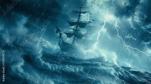 Lightning strikes and thunder booms as a ship helplessly bobs in the midst of a violent storm its crew fearing for their lives.