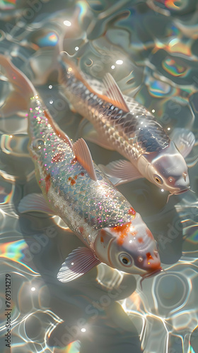 A pair of rayfinned fish gracefully swim in the fluid environment of the water, showcasing their fins and tails as they navigate their marine habitat photo