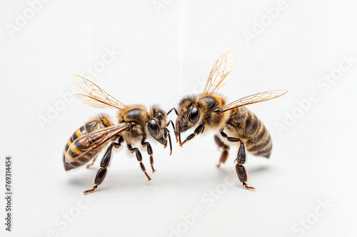 Honey and bee insect macro shot. A bee collecting pollen. Honey bee walking isolated on transparent background cutout. © SavirinaArt