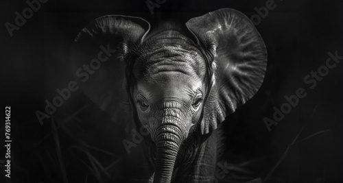 Monochrome portrait of an African elephant with expressive eyes