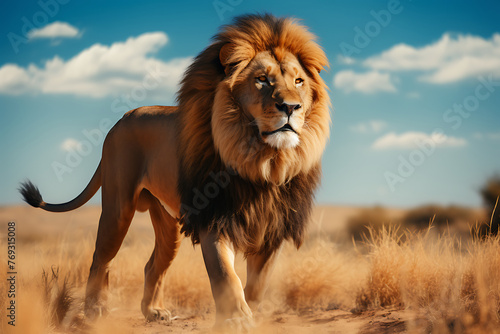 A magnificent lion strides through the golden grass of the savanna under the clear blue sky