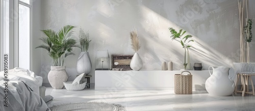 White table with various decorations in a modern bedroom interior, 