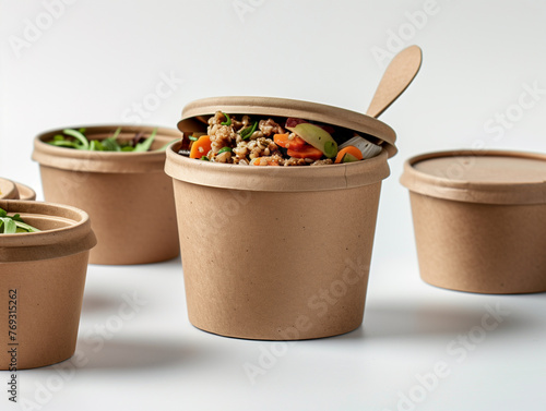 food pot mockup, A photo of an unbranded kraft paper round container with lid and spoon, filled with food on top of the table photo