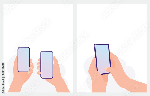 Holding Phone in Two Hands. Empty screen, phone mockup. Editable smartphone template vector illustration on isolated background.